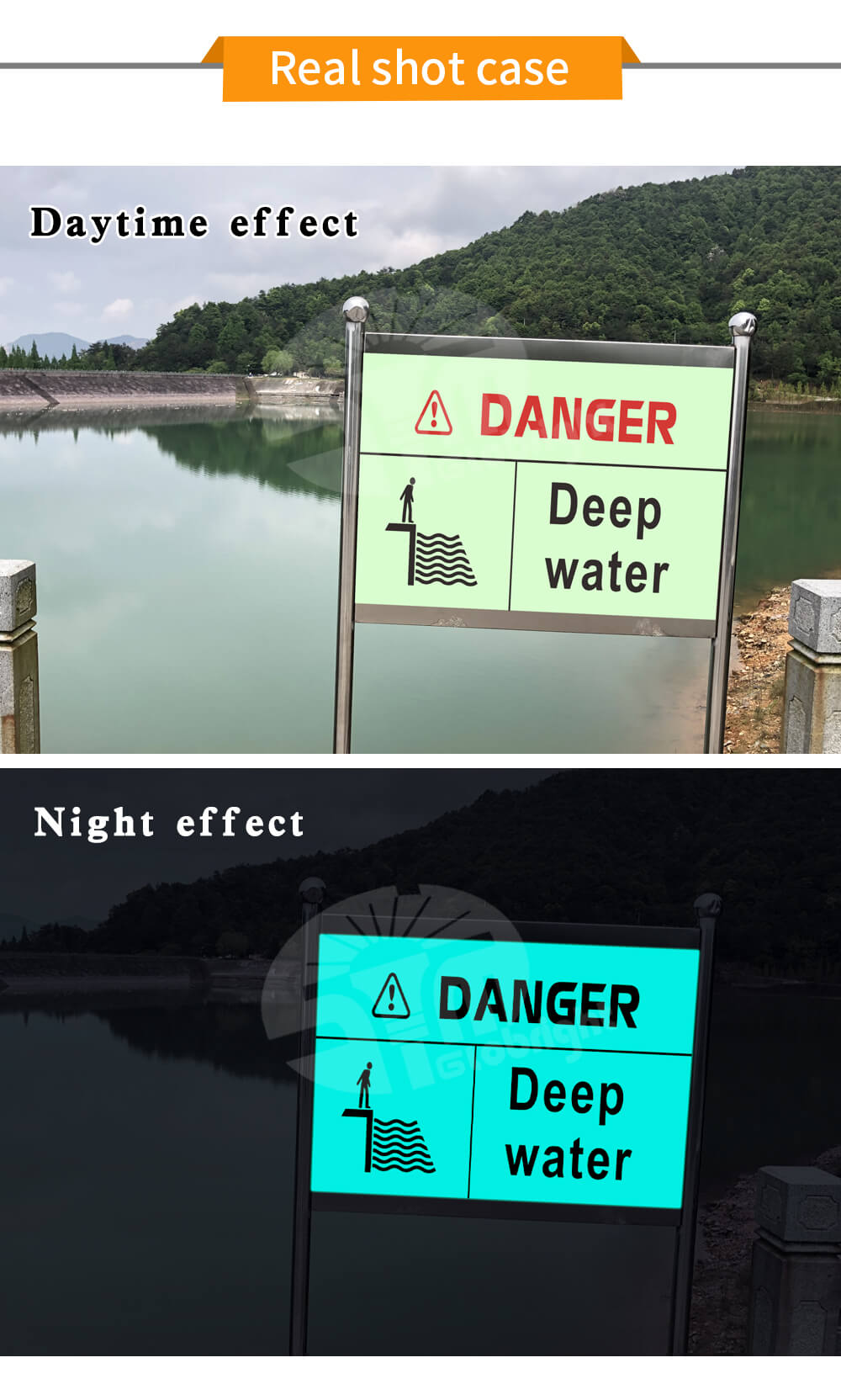 Signe d'avertissement en eau profonde inorganique auto-lumineuse, Signe de sécurité dans l'obscurité